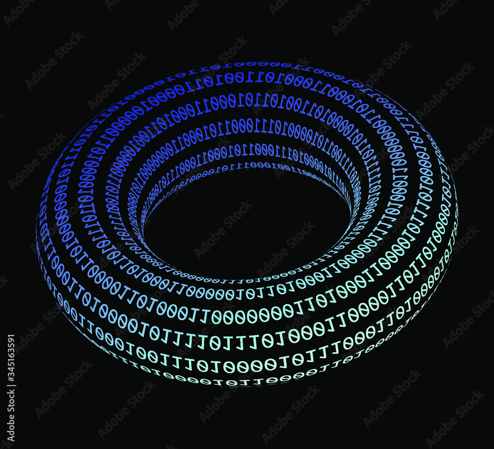 Poster Glowing neon torus made of binary digits, zeros and ones. Metaphor of complexity and connectionism, cyberspace and virtual reality.