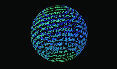 Glowing neon sphere made of binary digits, zeros and ones. Metaphor of complexity and connectionism, cyberspace and virtual reality.