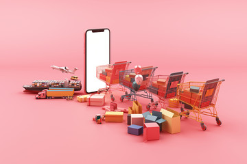 Fast delivery by scooter and van and plane on mobile E-commerce concept Online order with shopping cart and many box on pink background 3d rendering
