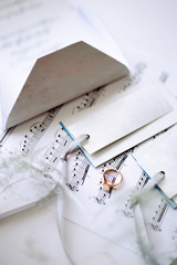 sheet of notes, printed letter, badges on a ribbon, silver plated twigs