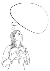 Young woman presses open book to herself with both hands, looks sideways up and thinks with thought bubble, vector sketch, hand drawn linear illustration isolated