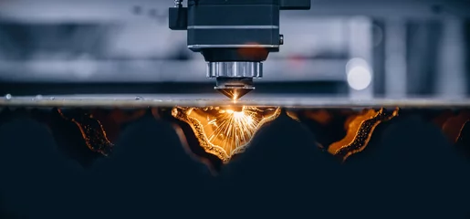 Poster CNC laser machine cutting sheet metal with light spark. Technology plasma industrial, Blue steel color © Parilov