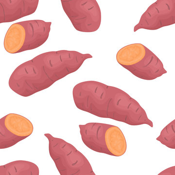 Sweet potatoes seamless pattern. Vegetables background. Organic healthy food. Vector illustration in cartoon flat style.