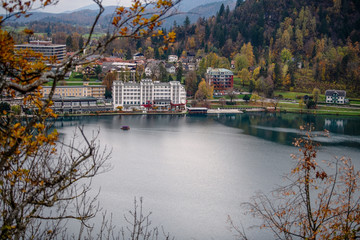 Fall panoramic cityscape of Bled and Bled lake, Slovenia