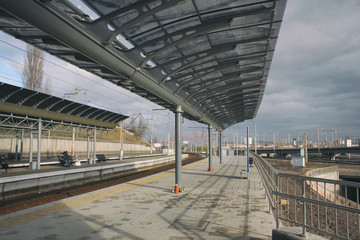 Trains stop. View of the platform. Modern train. Modern train stop