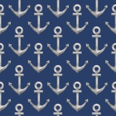 Seamless pattern with watercolor silver anchor. Hand drawn nautical (marine) illustration on navy blue background for design card, print, textile, wrapping paper, scrapbooking, wallpaper. Sea theme.