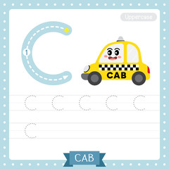 Letter C uppercase tracing practice worksheet. Cab