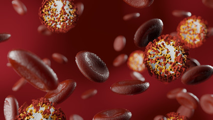 COVID-19 Corona background with disease cells and  Contaminated blood cell , 3d illustration