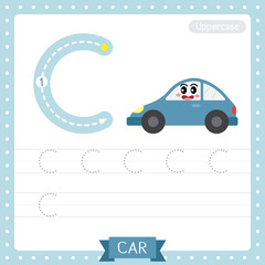 Letter C uppercase tracing practice worksheet. Car
