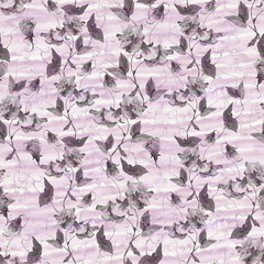 Seamless monochrome pattern with sweet pea flowers. Watercolor floral elements isolated on abstract violet background. Ideal illustration for textile, print, wedding concept and wrapping paper design