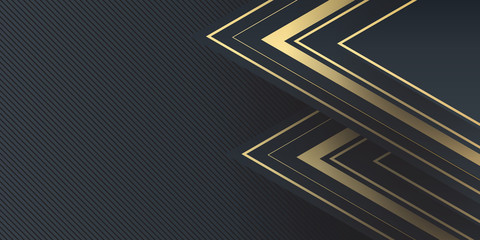 Abstract polygonal pattern luxury dark black with gold. Vector luxury tech background. Stack of white paper material layer with gold stripe. Arrow shape premium wallpaper with black backdrop