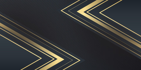 Abstract polygonal pattern luxury dark black with gold. Vector luxury tech background. Stack of white paper material layer with gold stripe. Arrow shape premium wallpaper with black backdrop