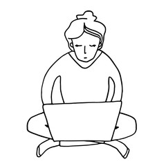 Work from home concept. Sitting woman with laptop. Hand drawn doodle vector illustration. Black contour isolated on white. Writer, freelance worker, student, blogger, person in quarantine typing.