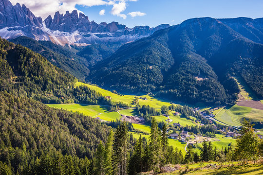The forested mountains in Val de Funes