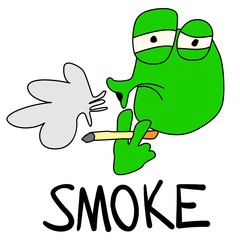 Cartoon toad smokes a cigarette and blows smoke in his mouth. The emotion of relaxation and pleasure. A cool frog with a bad habit at a lunch break. Emotional sticker for print, design and logo.