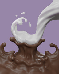 Chocolate and milk splash  smooth abstract shapes , 3d illustration 3D Rendering