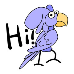 Cheerful cartoon cockatoo in purple. The parrot stands at full height and says hello. Feathered vector character on a white background. The emotion of friendliness and greeting. Funny character.