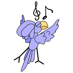 The parrot is enjoying the tune. Violet cockatoo dugs wings. Bird musician on a white background. Musical treble clef sign and note. Fun vector character for stickers, logo, icons and print.