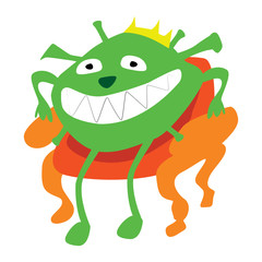 Illustration of coronavirus on the throne in flat style. A green cute virus smiles. Vector image with a monster on a white background. For children's books, print and design. 