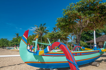 Traditional Jukung fishing boats on Sanur Beach Sanur Bali Indonesia