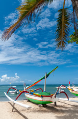 Traditional Jukung fishing boats on Sanur Beach Sanur Bali Indonesia