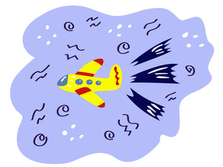 Childish flat illustration with a cute cartoon airplane flying through the sky. Doodle elements - zig zags, dots, spirals. Children's textiles, print t-shirt, children's poster, postcards