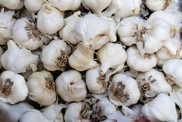 Heap of arlic bulbs at a farmer's market in Southern California.