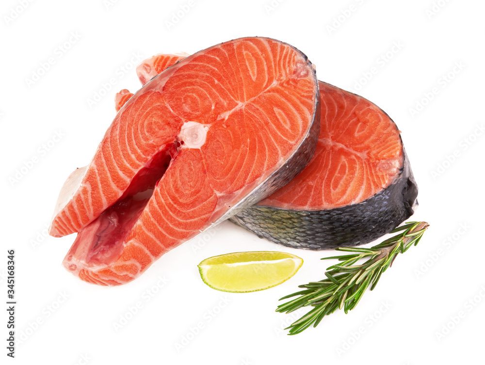 Wall mural Salmon steak on white