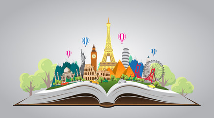 Obraz premium Travel to World. Road trip. Big set of famous landmarks of the world on the book. Time to travel, tourism, summer holiday. Different types of journey. Flat design vector illustration