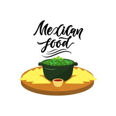 Mexican food logo. Hand lettering. Texture text. Nachos of corn , guacamole, pepper sauce on wooden stand. Isolated vector.