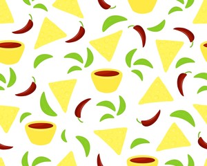 Seamless pattern of maxican food. Yellow nachos of corn, pepper, sauce,basil. Vector