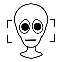 Big-eyed humanoid in a frame. An alien caught in the technology of revealing faces. Linear alien for logo and icon on the theme of science and technology. Stock vector image of a humanoid.