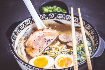 Japanese Traditional Ramen Soup with Pork, Eggs and Udon Noodles