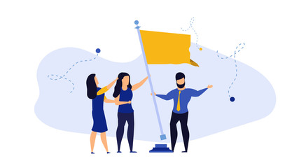 Business work target with flag person vector illustration concept background. Success businessman with team. Career man growth strategy communication. Office center cooperation banner challenge