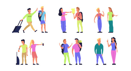 Fototapeta na wymiar Travel tourist vector people flat illustration. Character vacation journey set. Couple trip icon adventure with backpack, phone. Happy summer element concept. Holiday collection isolated man and woman
