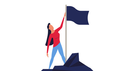 Woman climbed to the top mountain with flag flat illustration achievement concept. Business goal leadership career winner. Climb growth employee motivation vision. Up hill direction challenge peak
