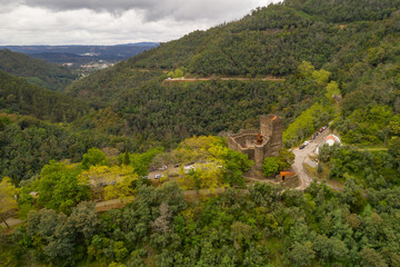 Fototapeta na wymiar Lousa Castle drone aerial view on the mountains landscape in Portugal
