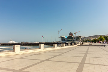 Azerbaijan, Baku, panorama of the city. Tourist places for walking along the shore of the Caspian Sea. The architecture of the old and new city. Without people