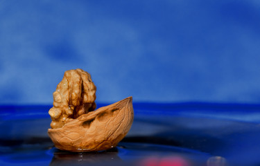 Composition of walnuts on a blue background. The boat is floating on the water. Macro, abstraction. Copy space.