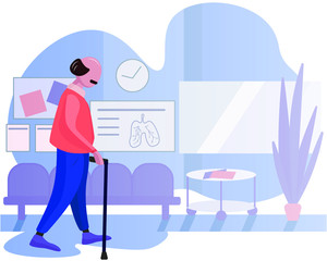 An elderly man visits a hospital. Old man with a cane. Pensioner with a cane came to the hospital