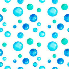 Seamless watercolor pattern with the image of bubbles of blue and light green, randomly scattered on a light background. Suitable for abstract backgrounds and scrapbooking.