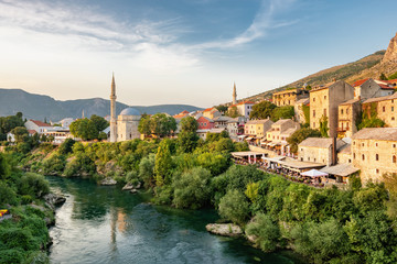 Fototapeta na wymiar Mostar Old Town and Neretva river at sunset, BiH