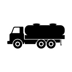Old fuel truck icon. Side view. Black silhouette. Vector graphic illustration. Isolated object on a white background. Isolate.