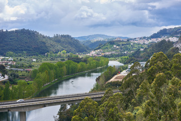 Penacova drone aerial view from the mountain, Portugal