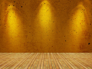 Empty painted gold brown orange color wall with spotlight. Interior room background