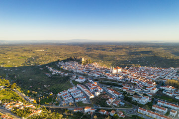 Castelo de Vide drone aerial view in Alentejo, Portugal from Serra de Sao Mamede mountains