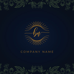 Fototapeta na wymiar Elegant luxury letter BN logo. This logo icon incorporate with abstract rounded thin geometric shape in floral background. That looks luxurious and royal.