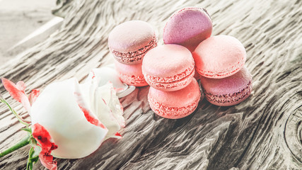 Raspberry and strawberry pink macaroons on pastel valentine decor and rose flowers soft background, shallow DOF. Gentle macaroons on table on light background