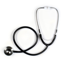 Medical stethoscope, black phonendoscope, close up on white background,