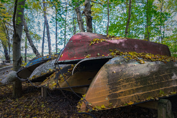 Abandoned boats on land in the forest. Wooden platform for boats.